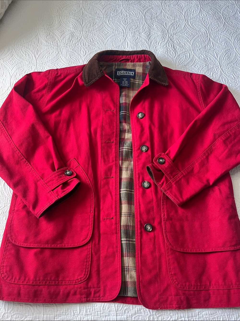 Lands' End Women’s Red Barn Jacket size Medium (10/12) Petite - flannel lined
